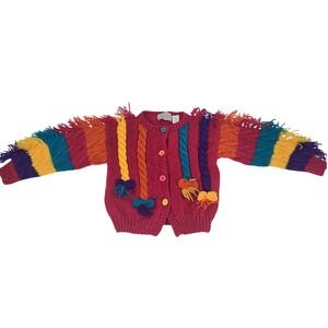 Vintage Rachel's Kids Pink Rainbow Fringe Cable Knit Cardigan Size 5
